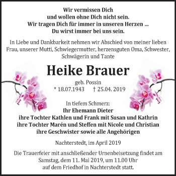 Traueranzeige von Heike Brauer von Mitteldeutsche Zeitung Aschersleben