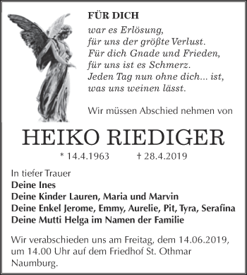 Traueranzeige von Heiko Riediger von WVG - Wochenspiegel Merseburg