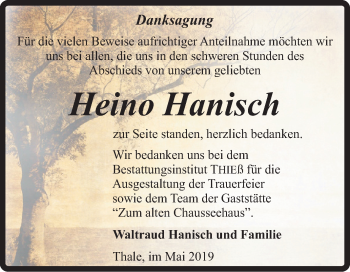 Traueranzeige von Heino Hanisch von Mitteldeutsche Zeitung Quedlinburg