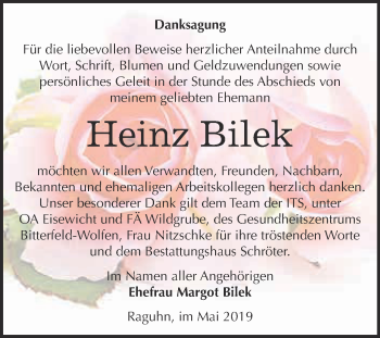 Traueranzeige von Heinz Bilek von WVG - Wochenspiegel Bitterfeld