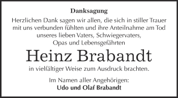 Traueranzeige von Heinz Brabandt von Super Sonntag Wittenberg