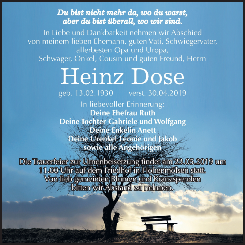  Traueranzeige für Heinz Dose vom 18.05.2019 aus Mitteldeutsche Zeitung