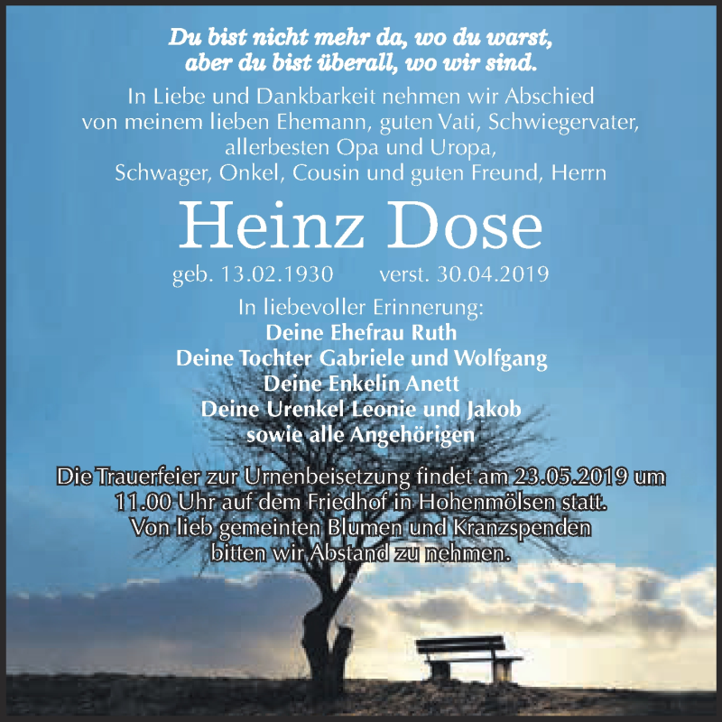  Traueranzeige für Heinz Dose vom 13.05.2019 aus WVG - Wochenspiegel NMB / WSF / ZTZ
