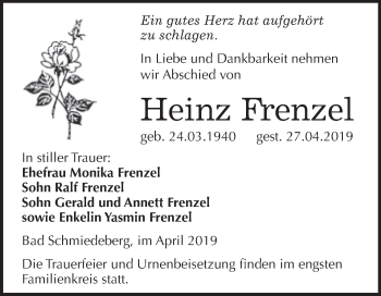 Traueranzeige von Heinz Frenzel von WVG - Wochenspiegel Wittenberg