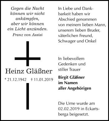 Traueranzeige von Heinz Gläßner von Mitteldeutsche Zeitung