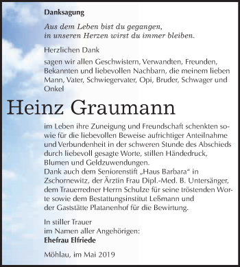 Traueranzeige von Heinz Graumann von WVG - Wochenspiegel Wittenberg