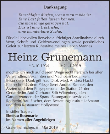 Traueranzeige von Heinz Grunemann von WVG - Wochenspiegel Wittenberg