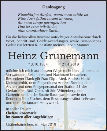 Traueranzeige von Heinz Grunemann von Mitteldeutsche Zeitung