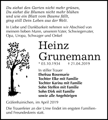 Traueranzeige von Heinz Grunemann von WVG - Wochenspiegel Wittenberg