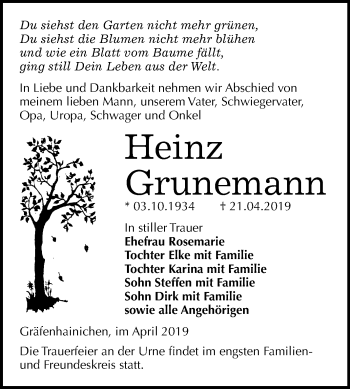 Traueranzeige von Heinz Grunemann von Mitteldeutsche Zeitung