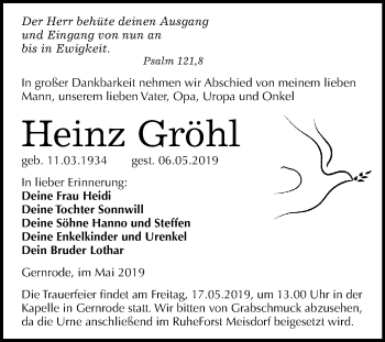 Traueranzeige von Heinz Gröhl von WVG - Wochenspiegel Quedlinburg
