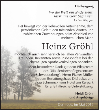 Traueranzeige von Heinz Gröhl von Mitteldeutsche Zeitung Quedlinburg