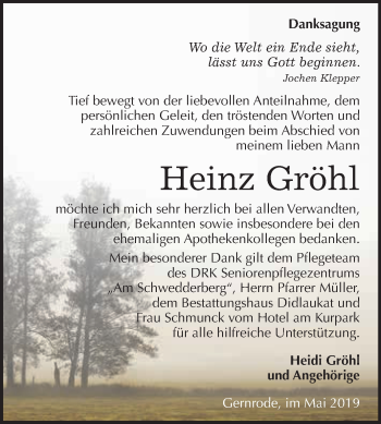Traueranzeige von Heinz Gröhl von WVG - Wochenspiegel Quedlinburg
