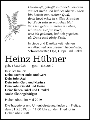 Traueranzeige von Heinz Hübner von WVG - Wochenspiegel Wittenberg