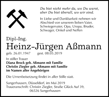 Traueranzeige von Heinz-Jürgen Aßmann von Super Sonntag SGH Mansf. Land