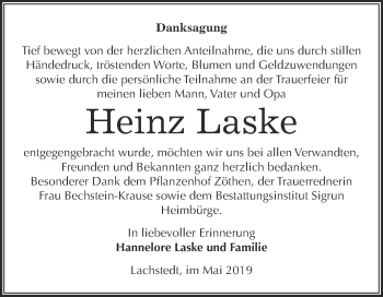 Traueranzeige von Heinz Laske von WVG - Wochenspiegel NMB / WSF / ZTZ