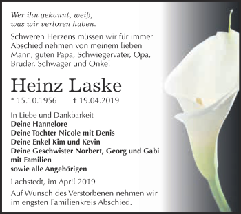 Traueranzeige von Heinz Laske von WVG - Wochenspiegel NMB / WSF / ZTZ