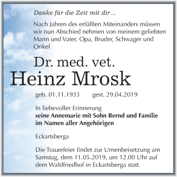 Traueranzeige von Heinz Mrosk von Mitteldeutsche Zeitung