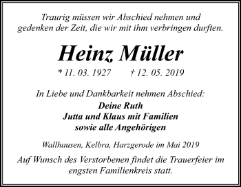 Traueranzeige von Heinz Müller von Super Sonntag SGH Mansf. Land