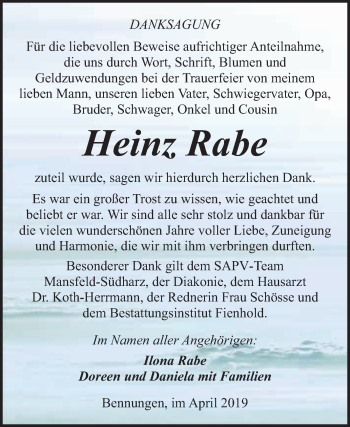 Traueranzeige von Heinz Rabe von Super Sonntag SGH Mansf. Land