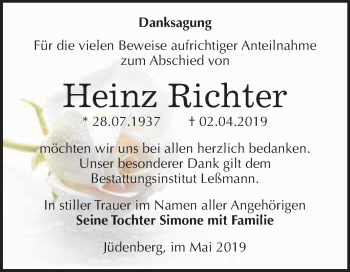 Traueranzeige von Heinz Richter von WVG - Wochenspiegel Wittenberg