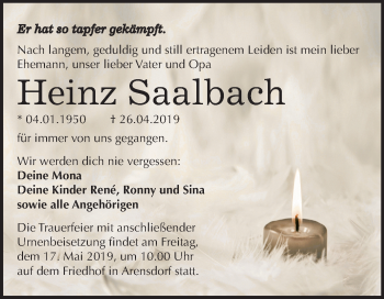 Traueranzeige von Heinz Saalbach von Mitteldeutsche Zeitung Köthen