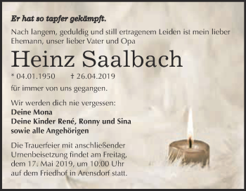Traueranzeige von Heinz Saalbach von WVG - Wochenspiegel Dessau / Köthen