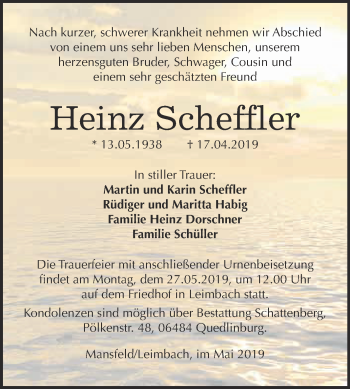 Traueranzeige von Heinz Scheffler von Super Sonntag Quedlinburg