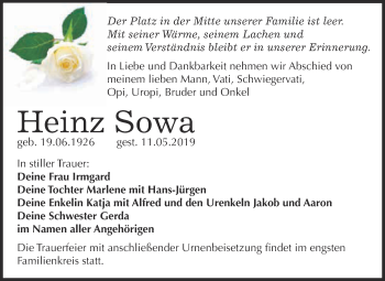 Traueranzeige von Heinz Sowa von WVG - Wochenspiegel Bitterfeld