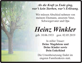 Traueranzeige von Heinz Winkler von Super Sonntag Quedlinburg