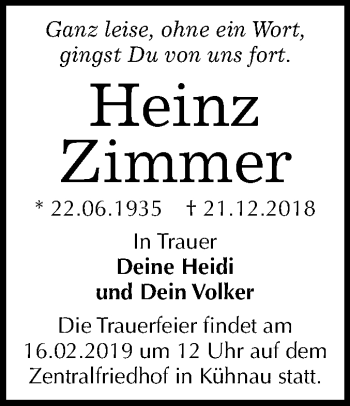 Traueranzeige von Heinz Zimmer von Mitteldeutsche Zeitung Dessau-Roßlau