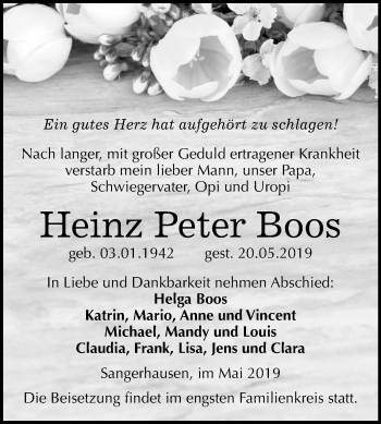 Traueranzeige von Heinz Peter Boos von Mitteldeutsche Zeitung Sangerhausen