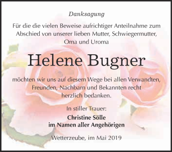 Traueranzeige von Helene Bugner von WVG - Wochenspiegel NMB / WSF / ZTZ