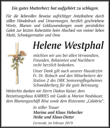 Traueranzeige von Helene Westphal von Mitteldeutsche Zeitung Quedlinburg