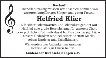 Traueranzeige von Helfried Klier von WVG - Wochenspiegel NMB / WSF / ZTZ