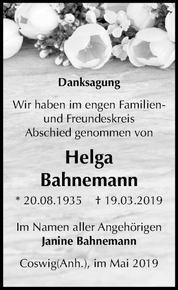 Traueranzeige von Helga Bahnemann von Mitteldeutsche Zeitung