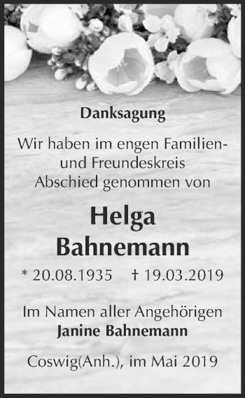 Traueranzeige von Helga Bahnemann von Super Sonntag Wittenberg
