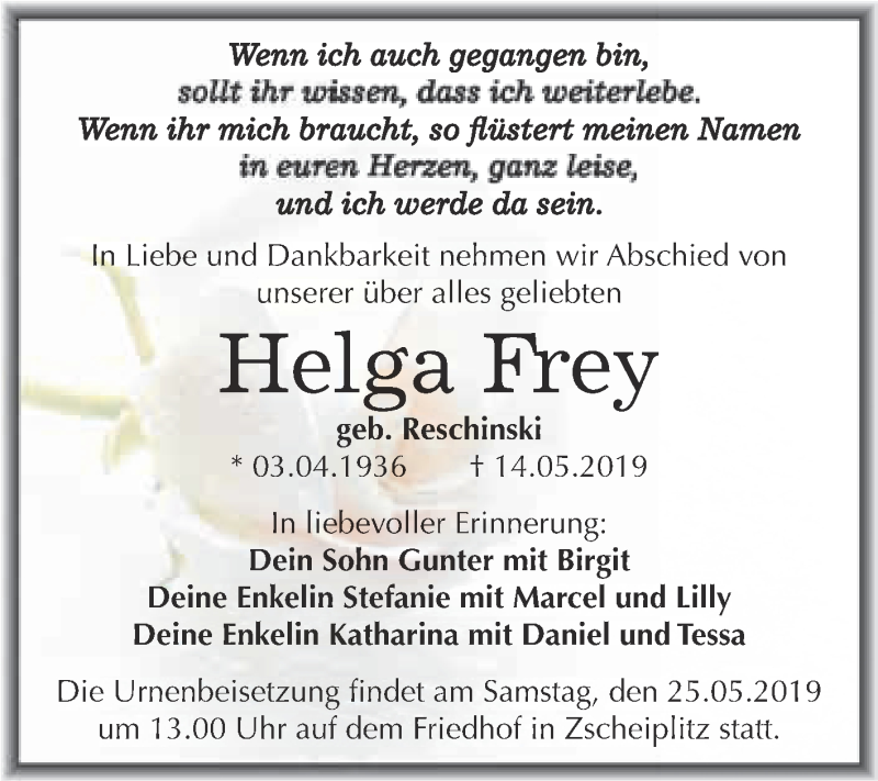  Traueranzeige für Helga Frey vom 18.05.2019 aus WVG - Wochenspiegel Merseburg