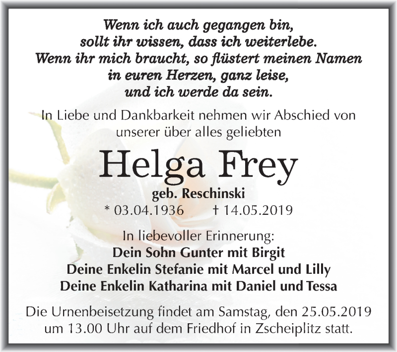  Traueranzeige für Helga Frey vom 18.05.2019 aus Mitteldeutsche Zeitung