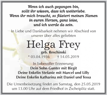 Traueranzeige von Helga Frey von WVG - Wochenspiegel Merseburg
