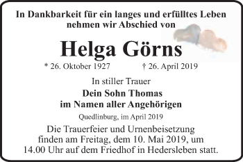 Traueranzeige von Helga Görns von WVG - Wochenspiegel Quedlinburg