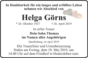 Traueranzeige von Helga Görns von Mitteldeutsche Zeitung Quedlinburg