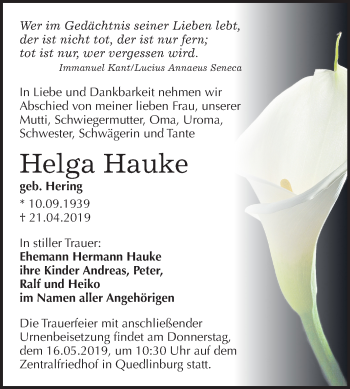 Traueranzeige von Helga Hauke von Mitteldeutsche Zeitung Quedlinburg