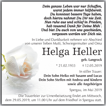 Traueranzeige von Helga Heller von Mitteldeutsche Zeitung