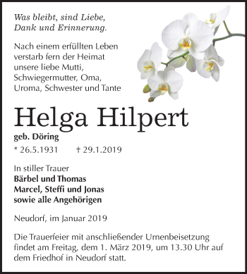 Traueranzeige von Helga Hilpert von Mitteldeutsche Zeitung Quedlinburg