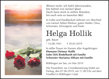 Traueranzeige von Helga Hollik von Mitteldeutsche Zeitung