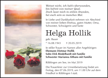 Traueranzeige von Helga Hollik von Super Sonntag SGH Mansf. Land
