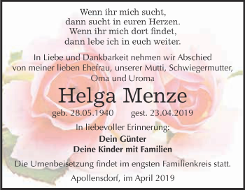 Traueranzeige von Helga Menze von Super Sonntag Wittenberg