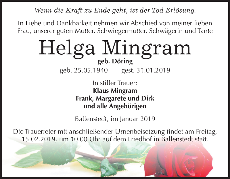  Traueranzeige für Helga Mingram vom 09.02.2019 aus Mitteldeutsche Zeitung Quedlinburg