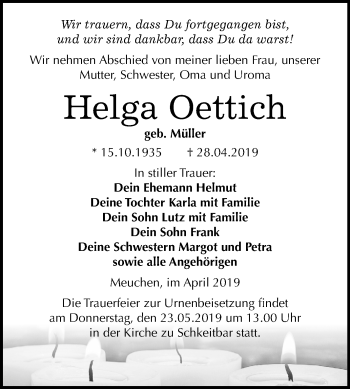 Traueranzeige von Helga Oettich von Mitteldeutsche Zeitung Weißenfels